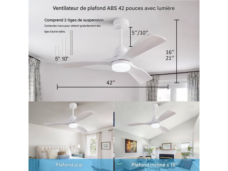  Ventilateur de plafond led avec télécommande moteur dc 3 pales blanc 107 cm W5766P467484 - Conforama C