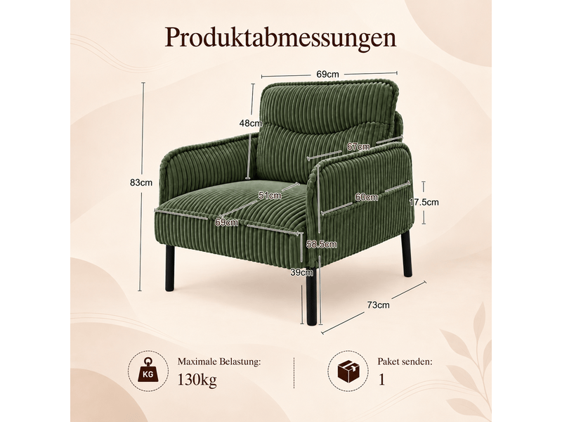  Fauteuil de salon - fauteuil 1 place en velours tricoté avec accoudoirs et poches latérales, 69 x 73 x 83 cm, vert  - Conforama W