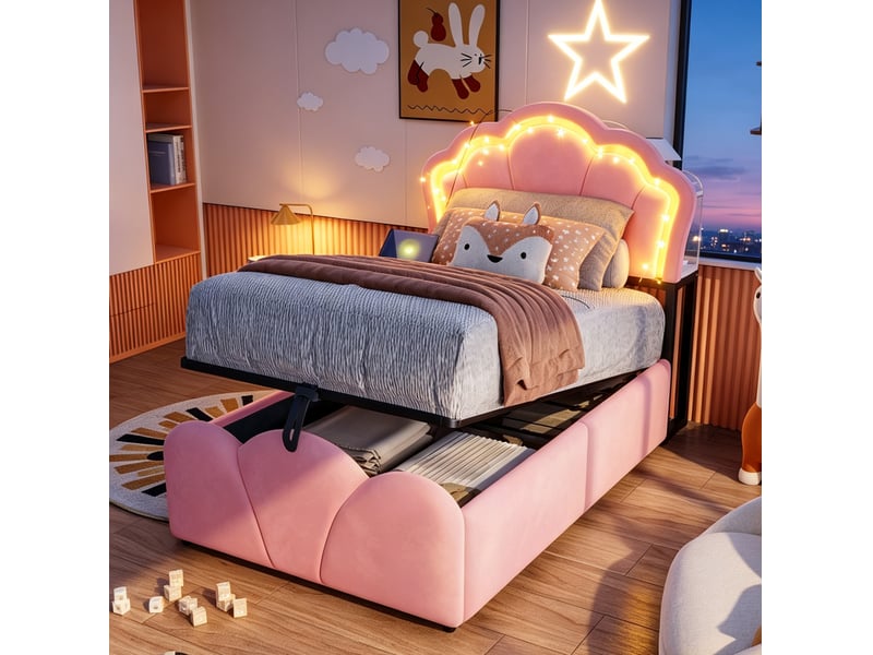  Lit, 90x200 cm, espace nuit, doté d’un espace de rangement hydraulique, led, matelas non inclus, velours, coloris rose  - Conforama B