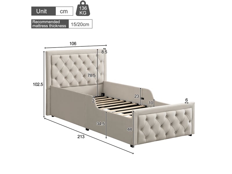  Lit enfant 90x200 cm, lit coffre, lit 1 place, tête de lit, espace de rangement, tissu velours, beige, sans matelas  - Conforama C