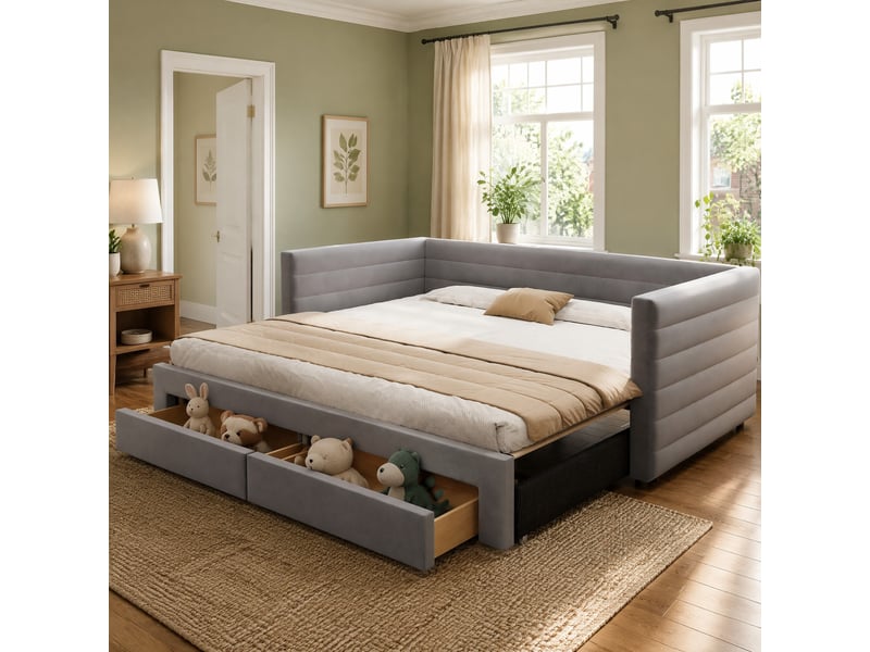  Lit gigogne simple 90×190 cm extensible 180×190 cm, 2 tiroirs  - sans matelas, tissu coton et lin gris  - Conforama C
