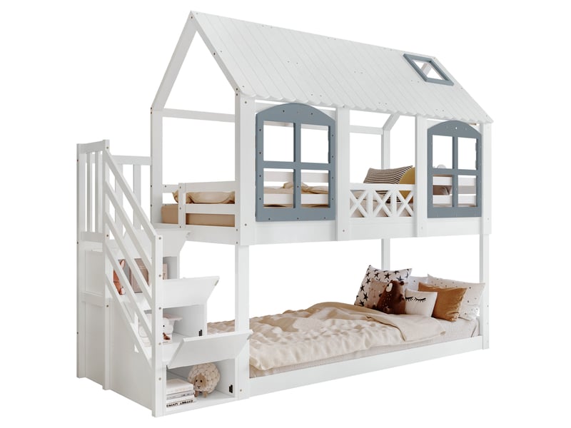 Lit superposé enfant 90 x 200 cm avec toit, escalier à 3 rangements, blanc et gris - Conforama A