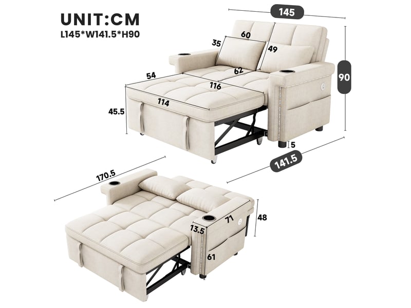  Canapé convertible tcqpz 2 places 145 x 141,5 x 90 cm led usb type-c chenille beige  - Conforama C