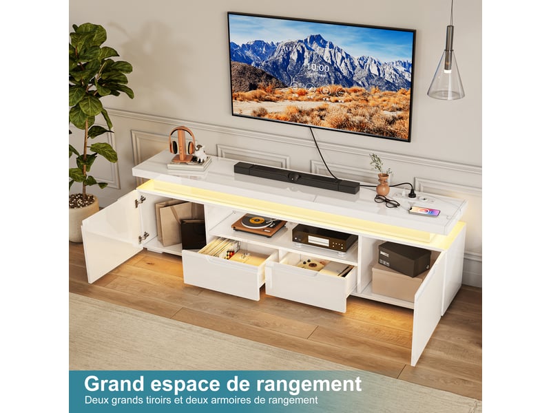  Meuble tv blanc brillant 180 cm avec led rgb et multiprise usb-c, grand rangement, pour tv jusqu’à 75 pouces  - Conforama D