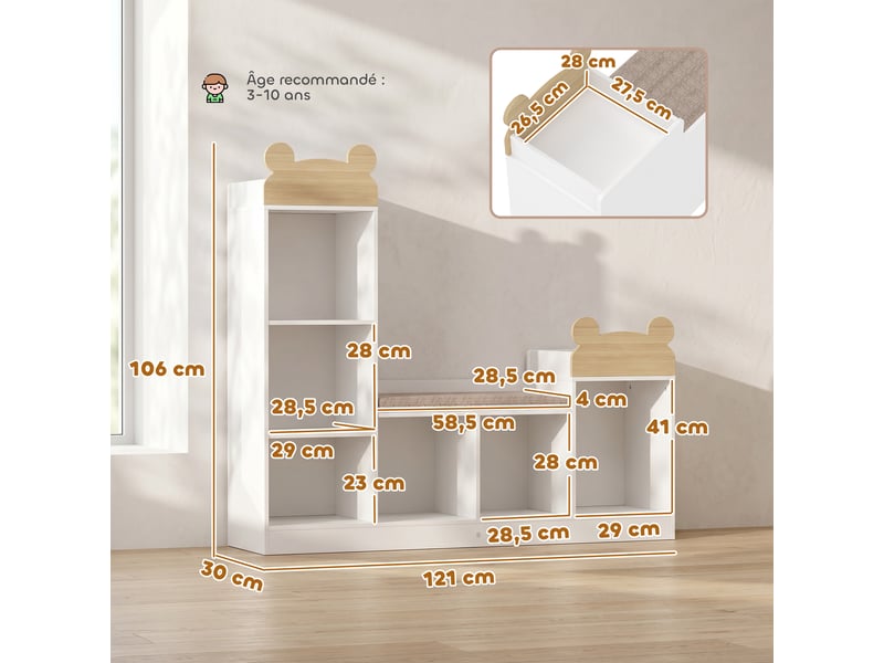  Bibliothèque enfant avec coin lecture, 3 en 1, 121x30x106cm, blanc  - Conforama D