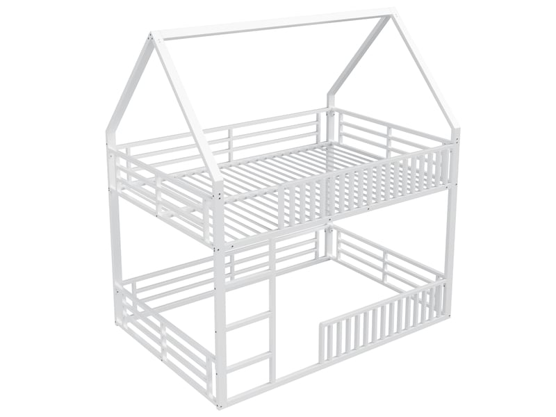  Lit superposé enfant 140x200 maison avec barrière et led blanc métal 24 lattes 150 kg Sol Morn - Conforama A