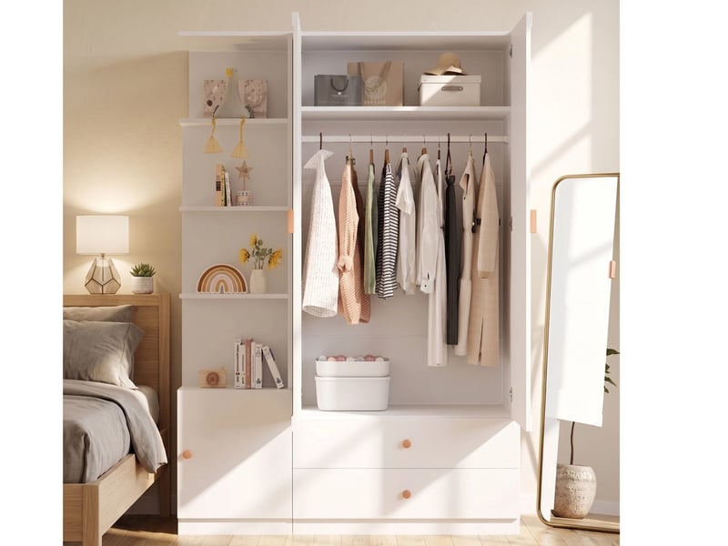  Armoire avec 2 tringles, 2 tiroirs, 4 poignées en bois massif et un grand espace de rangement ,200 x 135 x 45 cm, blanc  - Conforama B