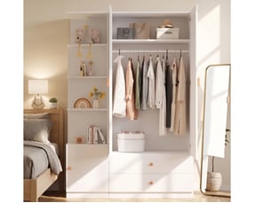 Armoire avec 2 tringles, 2 tiroirs, 4 poignées en bois massif et un grand espace de rangement ,200 x 135 x 45 cm, blanc
