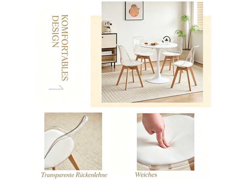  Chaise de salle à manger, lot de 4 avec coussin fixe et patins de protection, en bois et simili cuir blanc  - Conforama E