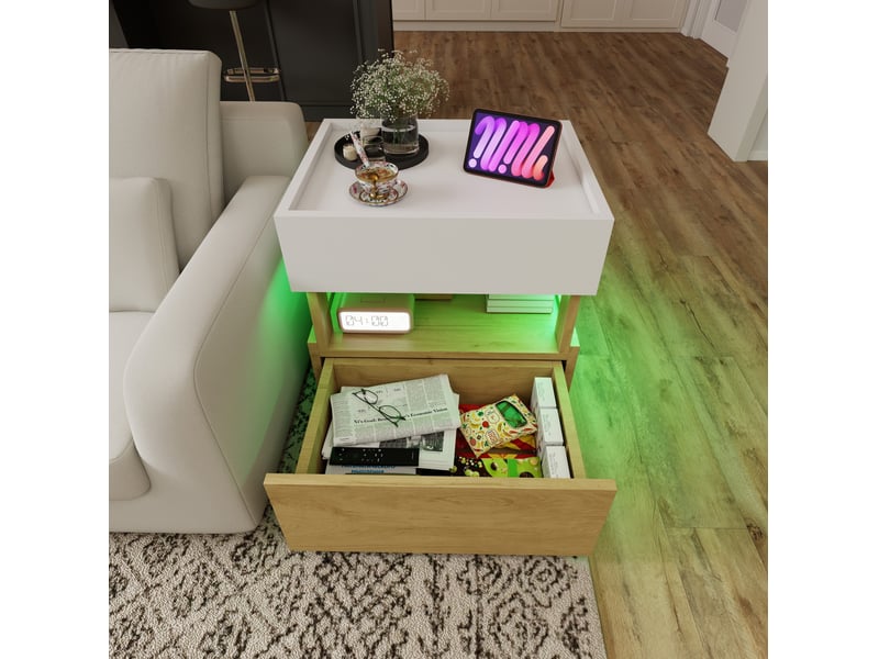 Table de chevet 50x40x50 cm blanc et bois naturel, 2 tiroirs, led et charge sans fil - Conforama E