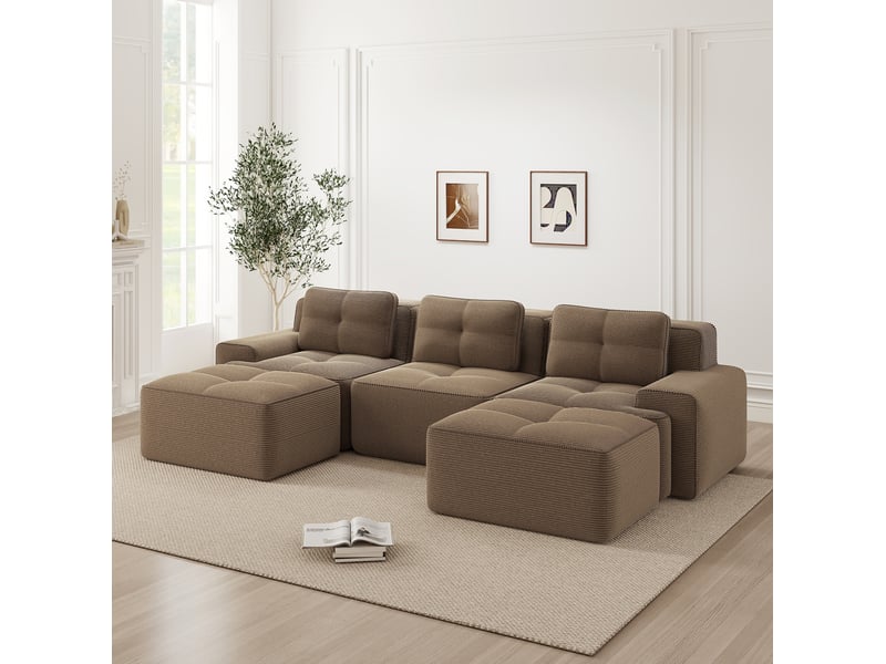  Canapé modulable en u 3 places avec ottoman en velours côtelé marron  - Conforama D