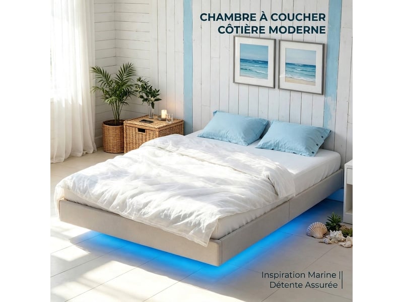 Cadre de lit 140x190 lit flottant avec led sommier à lattes inclus lit double beige  - Conforama B