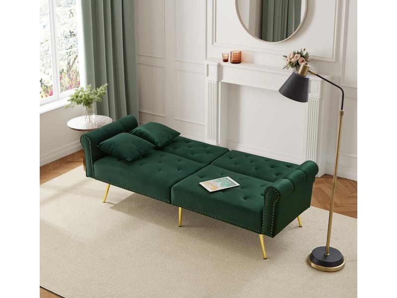 Canapé droit convertible - 2 places, design contemporain avec dossier multi-positions - revêtement velours, pieds métal - vert  - Conforama D
