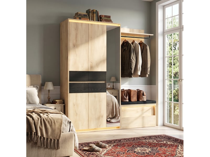  Ensemble vestiaire 200x47x200 cm avec led, miroir et 4 tiroirs coloris chêne anthracite  - Conforama B