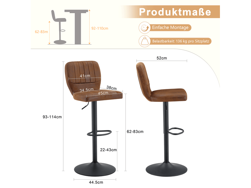 Tabouret de bar pivotant avec hauteur réglable, dossier et repose-pieds, en simili cuir marron et métal noir - Conforama E