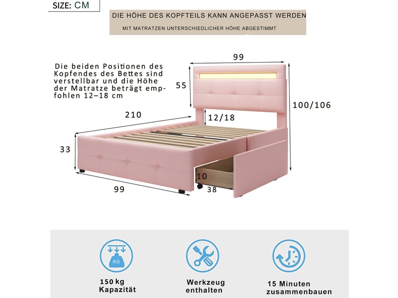  Modenvie lit 1 place 90x200 cm - led intégrée, 2 tiroirs, sommier inclus, sans matelas - rose  - Conforama C