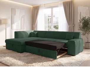 Canapé d'angle gauche convertible <strong>AX LIVING </strong> <strong>Lucera</strong> 5 places Velours côtelé vert avec coffre de rangement