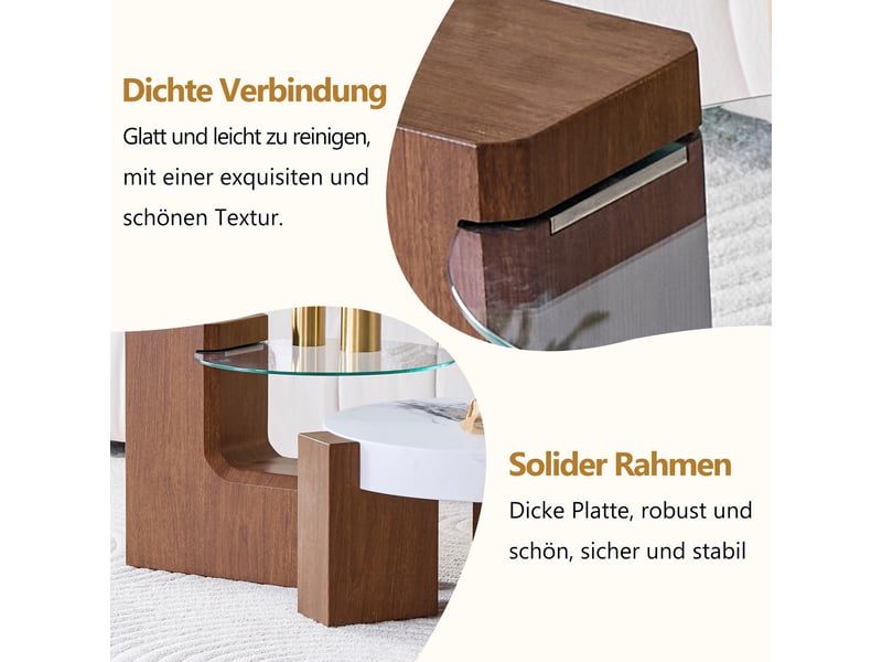  Table basse gigogne ronde, lot de 2 tables d'appoint, mdf effet noyer et marbre blanc, plateau en verre de sécurité transparent  - Conforama R