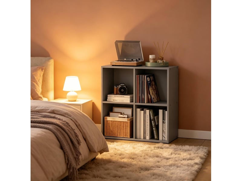  Bibliothèque 4 niches ouvertes style nordique avec fixation murale pour salon bureau en bois gris 59,6 × 59,8 × 29 cm  - Conforama E