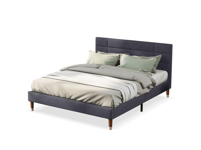  Lit adulte 140x200 cm, tête de lit, structure en bois, sommier, style moderne, lin gris, sans matelas  - Conforama A