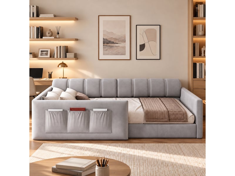  Lit enfant rembourré 90x200 cm avec tête de lit épaisse et poches latérales, lit banquette multifonction pour chambre et salon, gris OPULERANE TRADING LTD - Conforama D