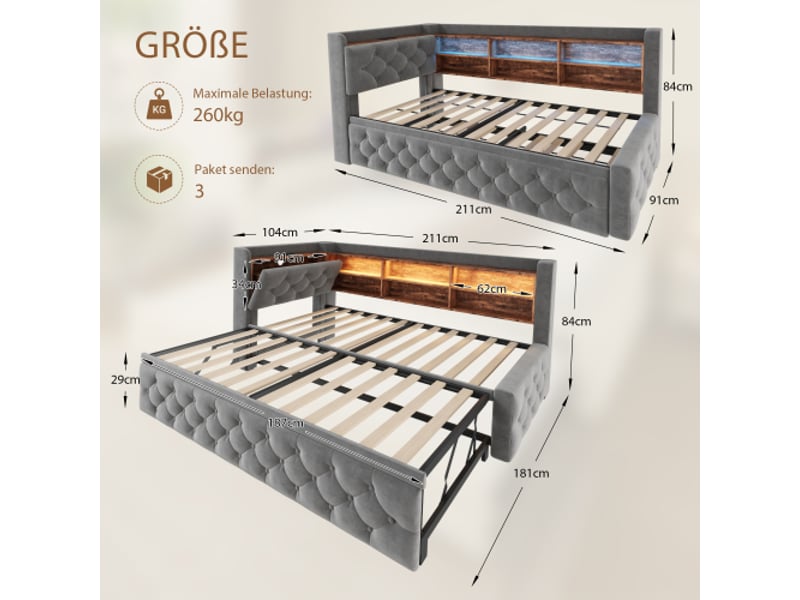  Canapé-lit 90x190 cm velours gris foncé extensible accoudoirs rangement tête de lit bois + tablette led usb-c lattes  - Conforama C