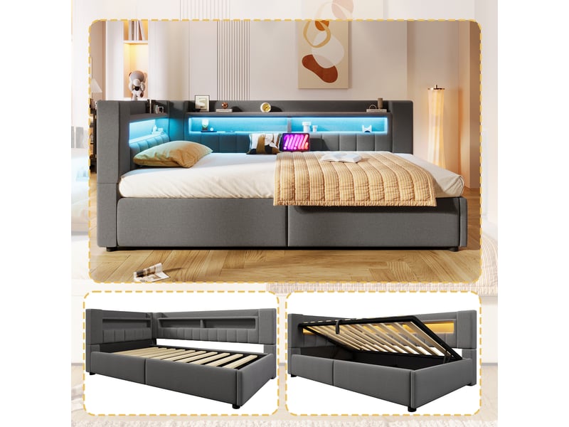 Lit coffre hydraulique 90x200 cm avec led et usb-c, tissu lin gris, structure mdf, sans matelas - Conforama E