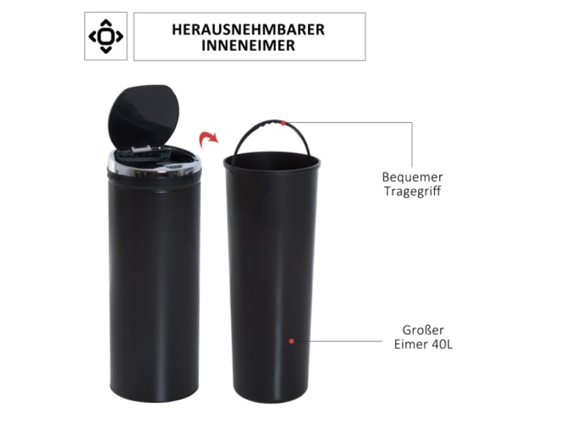 Poubelle à capteur de mouvement noire en acier inoxydable, 30,5x30,5x81,5 cm - Conforama E