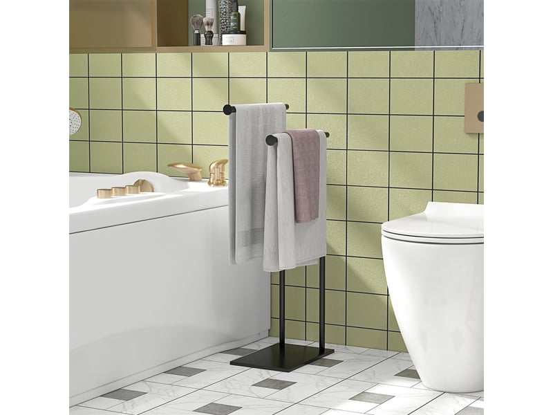  Porte-serviettes sur pied en acier avec 2 barres support noir - pour serviette 35,5l x 20p x 78h cm  - Conforama D