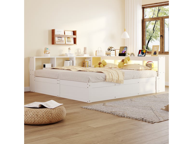 Canapé-lit 90180x200 cm, lit enfant, couchage d'appoint, rangement hydraulique, led, prise intégrée, bois blanc - Conforama D