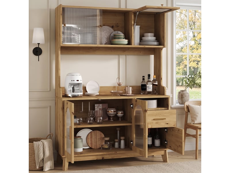  Vaisselier buffet haut salle à manger couleur bois avec prises et ports usb armoire de rangement cuisine 120x40x178 cm  - Conforama D