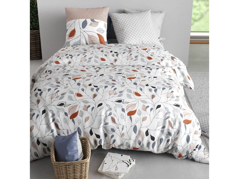  Parure housse de couette 240x220cm + 2 taies blanc motif feuillage bleu et rouille 100% coton - tilda TILDA - Conforama C