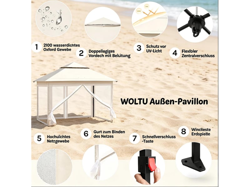  Gazebo pliant 300 x 300 cm - beige - toit double ventilé, moustiquaires amovibles et sac de transport  - Conforama E