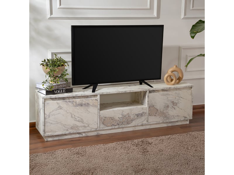  Meuble tv 3 portes 1 niche couleur marbre blanc et gris  - Conforama B