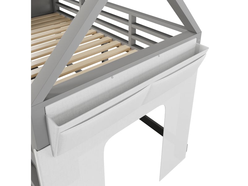  Lit mezzanine enfant avec guirlande led multicolore, 90x200 cm, 6 tiroirs en tissu, forme cabane en pin et mdf gris  - Conforama R