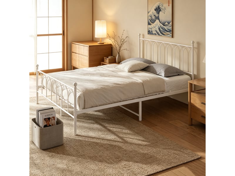 Lit 2 places 140 × 200 cm métal blanc avec sommier à lattes et rangement sous le lit - Conforama C