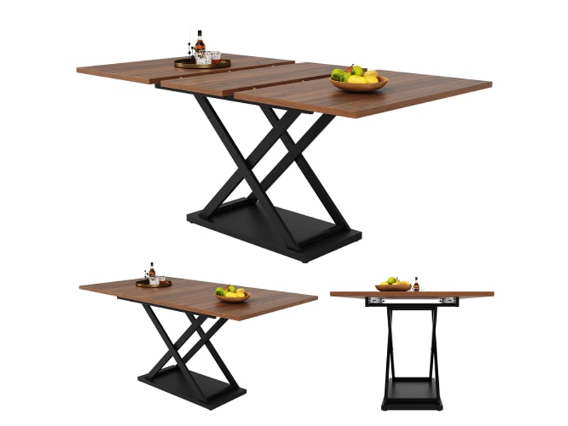 Table à manger extensible 120-160x80 cm, effet noyer, pieds croisés noirs, gain de place, cuisine salon - Conforama D