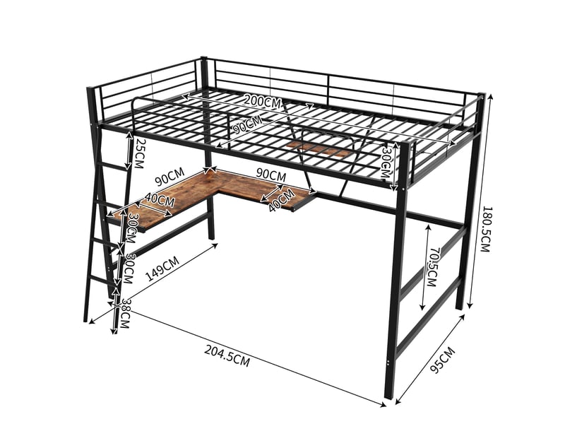  Lit mezzanine 90x200 cm en métal noir avec bureau en l, étagère et sommier à lattes  - Conforama C