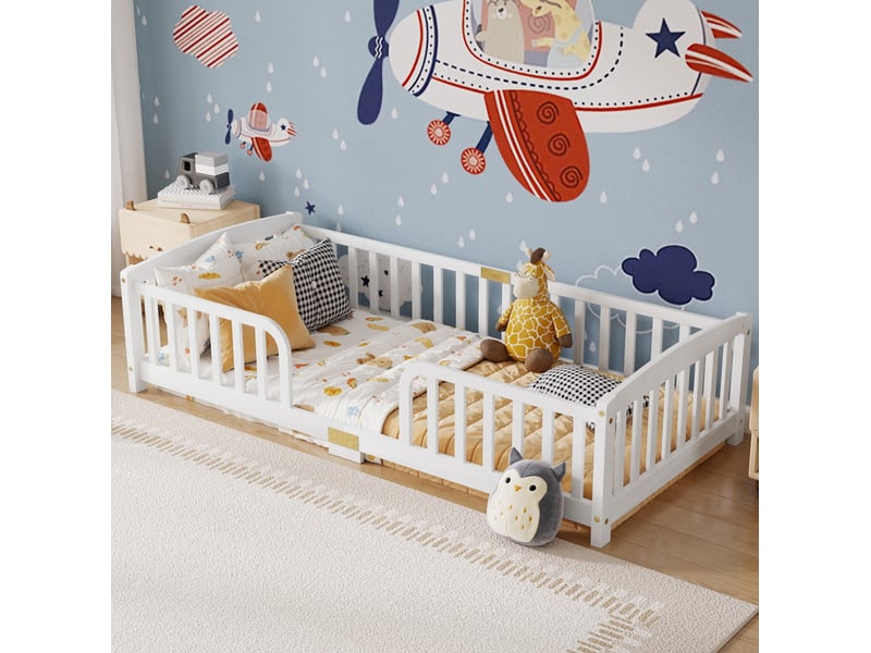  Lit au sol enfant 90x200 cm, blanc, en bois, avec entrée centrale et garde-corps de sécurité, sans matelas  - Conforama B