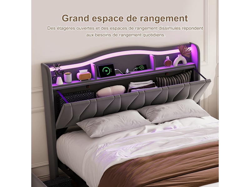  Lit 160x200 cm en tissu polaire gris, tête de lit avec rangement, ports de recharge usb‑c, éclairage led rgb, 4 tiroirs de rangement, sommier à lattes inclus  - Conforama D