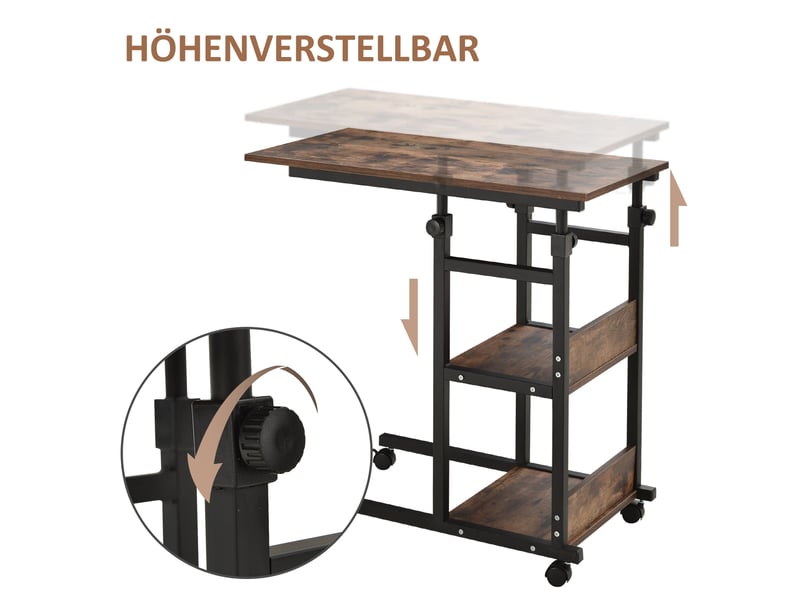  Table d'appoint à roulettes 80x40x72-82 cm réglable en hauteur métal marron et noir  - Conforama D