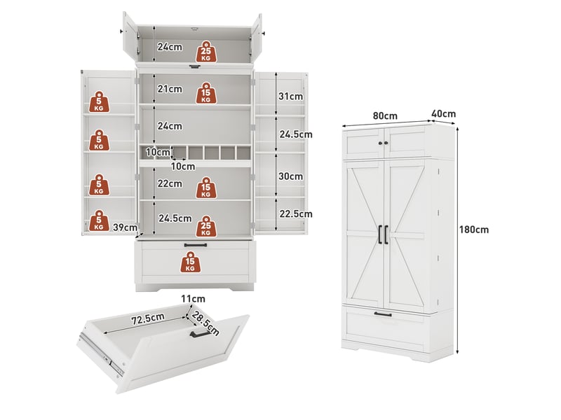  Armoire de cuisine blanche 80 x 40 x 180 cm avec tiroir et casiers à bouteilles  - Conforama C