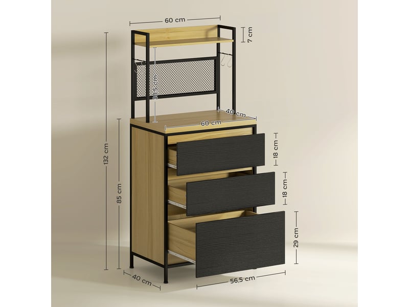  Meuble de cuisine de style industriel avec 3 tiroirs, plan de travail, étagère et 4 crochets, 60 x 40 x 132 cm  - Conforama E