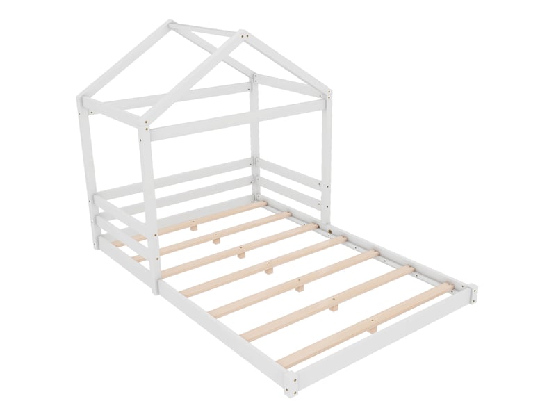  Lit cabane enfant, 140 × 200 cm, blanc, pin et mdf, structure cabane, sommier à lattes, style minimaliste, sans matelas  - Conforama A