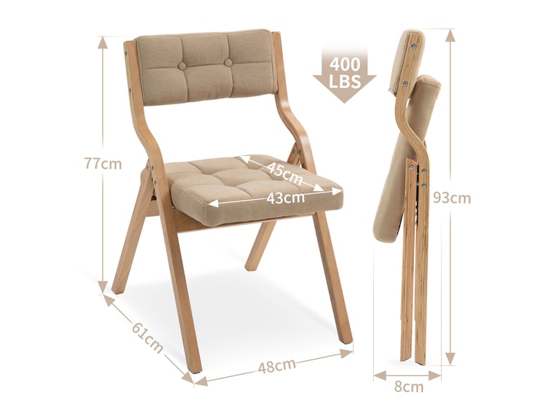  Chaise 2 Pièces Pliante Rembourrée avec Dossier Incurvé et Assise Large, Pliable, Sans Montage, en Bois, Kaki  - Conforama C