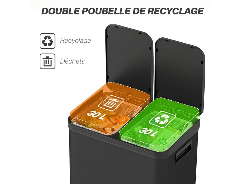  Poubelle de cuisine à pédale 2x30l en acier inoxydable noir 48,8x39,5x67 cm  - Conforama D