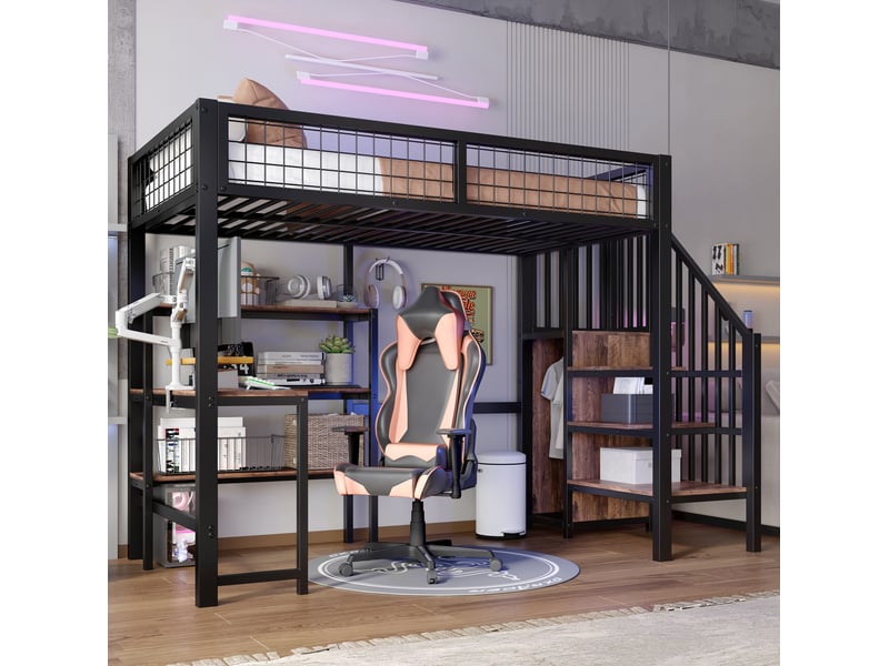 Lit mezzanine 90x200 cm en métal et mdf avec bureau, étagères et armoire noir et marron - Conforama D