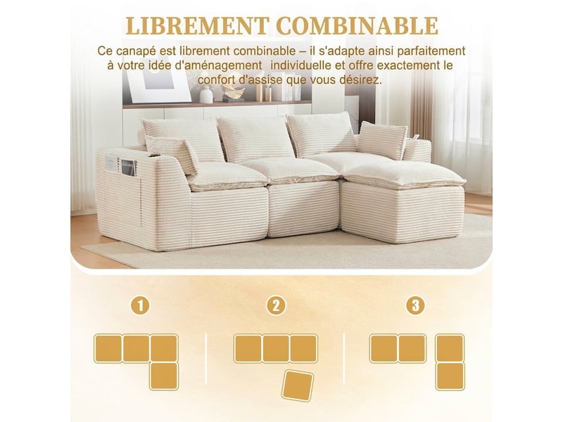 Canapé modulable 3 places en velours côtelé beige avec pouf - 256x161x75cm - porte-gobelet et poches - Conforama E