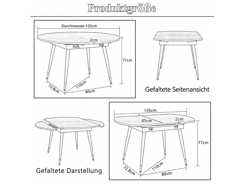  Table à manger extensible moderne se transformant de ronde à ovale en mdf noir ou noyer avec accents dorés sur pieds métalliques gain de place  - Conforama C