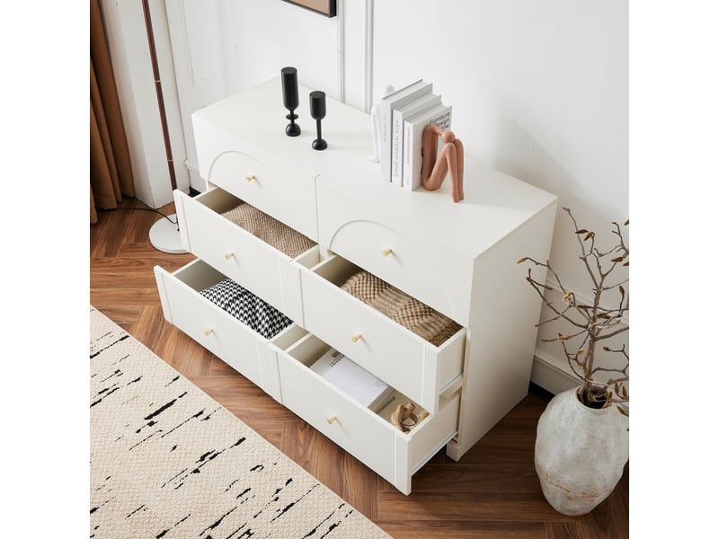  Commode avec 6 tiroirs de rangement pour salon et chambre en panneaux de particules 120×40×82 cm blanc crème  - Conforama C